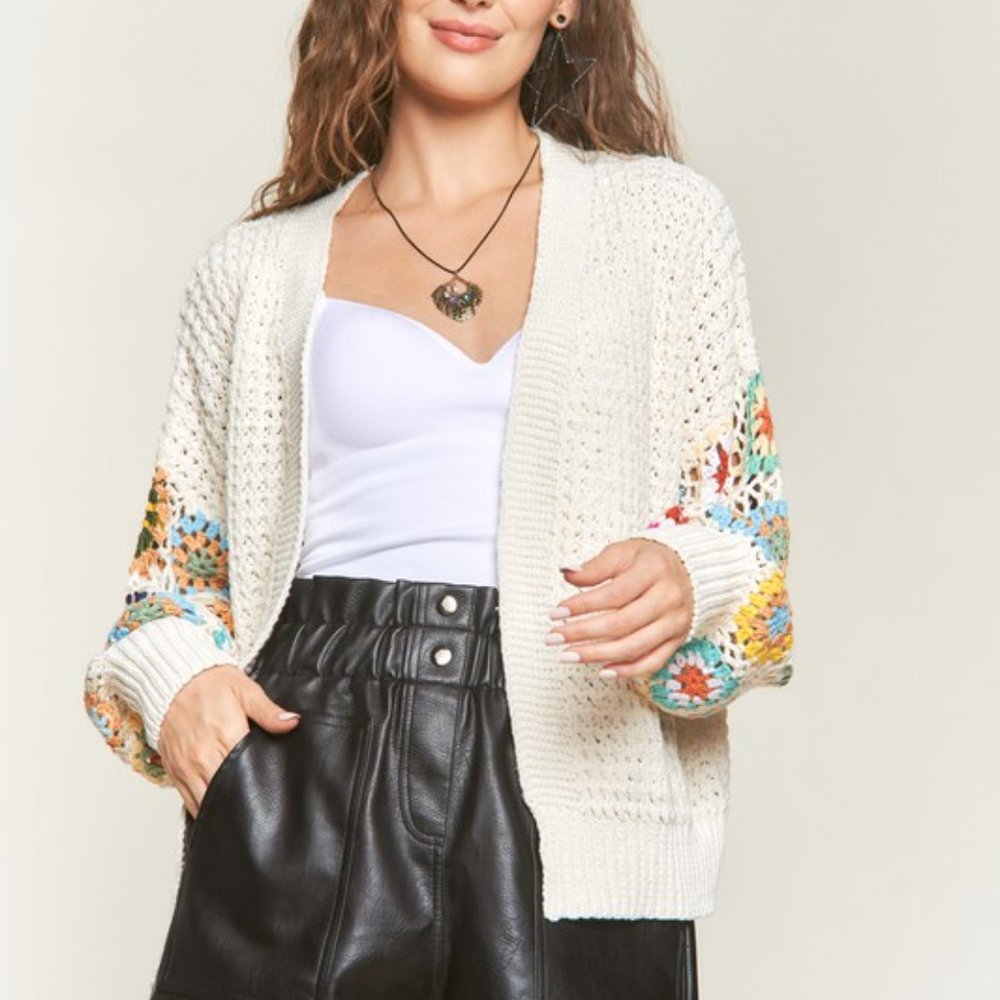 Ivory Knit Cardigan Sweater with Floral Crocheted Sleeves - Picture 2 of 4